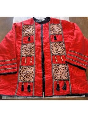 Anage VTG Women's Appliqué  beaded Tasseled Lined Red Jacket Sz 3X Cheetah Print